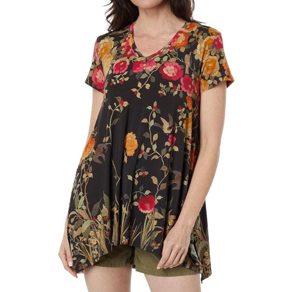 JOHNNY WAS Graceful Drape Tunic Short Sleeves Floral Black Top {G19}